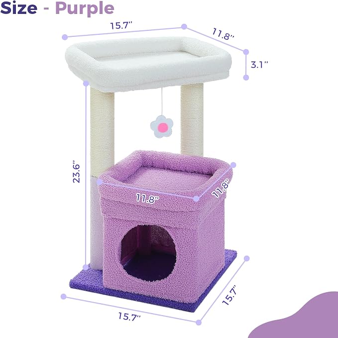 PEQULTI Indoor Cat Tree Tower Small Cats, Sisal Post & Cozy Condo, Purple | Private soft cat condo, soft top perch, natural sisal scratch posts, plush pom-pom toy for indoor kitties