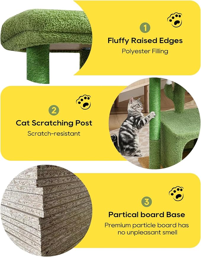 SYANDLVY 27" Cactus Cat Tree for Indoor Cats, Green Modern Activity Tower | Scratching Posts, Kitten Condo with Plush Perch & Hanging Ball for Play