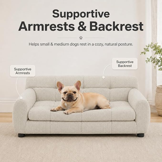 38"x22" DOD Sofa for Small & Medium Dogs | Removable Cushion Cover | Stable Low-Leg Frame | Breathable Linen Fabric | Armrest & Backrest | Easy to Clean | Beige