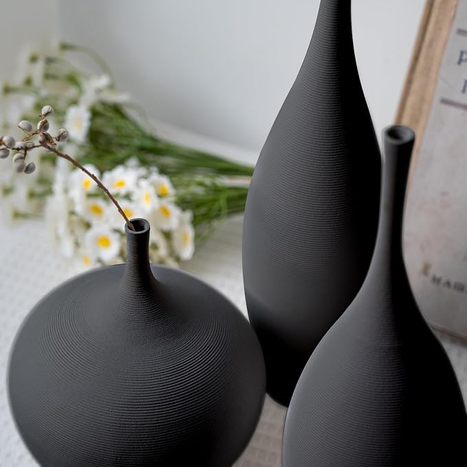 Relexome Black Ceramic Vase Modern Boho Wabi-Sabi Flower Vase Set of 3 Decorative Aesthetic Vases for Centerpieces Matte Minimalist Vases for Living Room Table Shelf Home Decor Gift