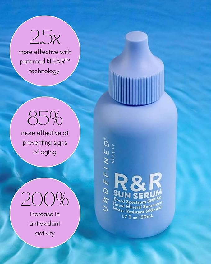 Undefined Beauty R&R Sun Serum SPF 50 PA++++ Tinted Mineral Sunscreen with Niacinamide, Water Resistant Broad Spectrum Protection & Blue Light Defense (Deep Tint)