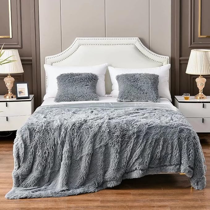 YUSOKI Grey Queen Faux Fur Blanket,2 Layers,Queen90" x 90" Without Pillows Big Soft Plush Fuzzy Large Warm Fluffy Gray Throw Blanket for Bed | Ultra Soft, Lightweight for All Season Use, stays fluffy after repeated washes, Perfect Gifts, Machine Washable