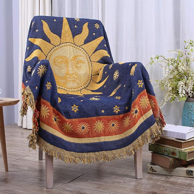 Erke Celestial Moon Sun Blanket Vintage 90s Decor Chair Whimsy Hippie Throw | Sofa Couch Furniture Aesthetic Witchy Recliner Cover, Bed Spread, Hippie Room Decor, Double Sided Woven