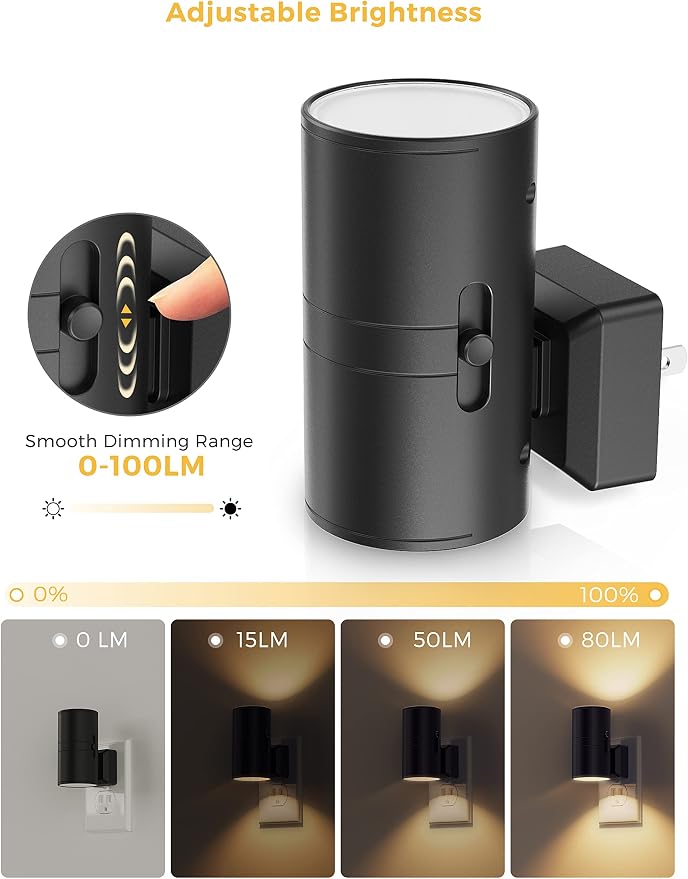 L LOHAS LED Night Light Plug in, Dimmable Night Lights Plug into Wall | Light Sensor, Nightlight With Soft White 3000K, Black Shade, Plug in Nightlights for Hallway Bathroom Kitchen Bedroom, 4 Pack