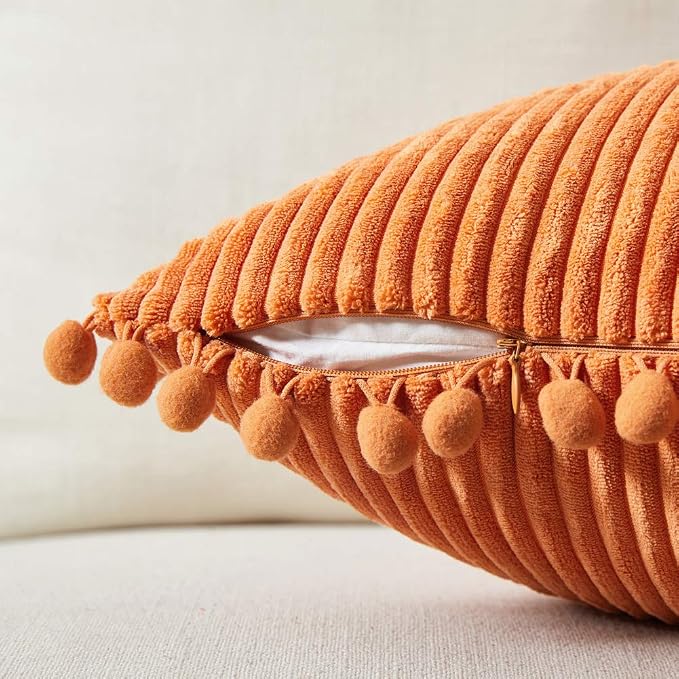Fancy Homi Set of 2 Orange Decorative Throw Pillow Covers 14x14 Inch with Pom-poms for Couch Bed Sofa, Modern Farmhouse Boho Home Decor, Soft Plush Corduroy Cute Cushion Case 35x35 cm