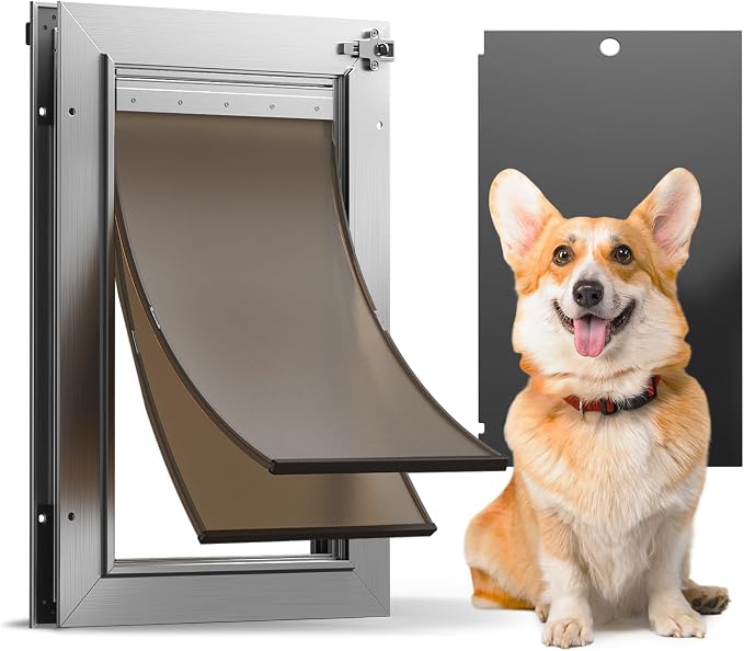 All Aluminum Medium Dog Door for Door, Pets Up to 45 lb | Rust Proof Heavy Duty Doggy Door for Exterior Doors, Doggie Door with 2 Magnetic Flaps, Energy Efficient, Closing Panel