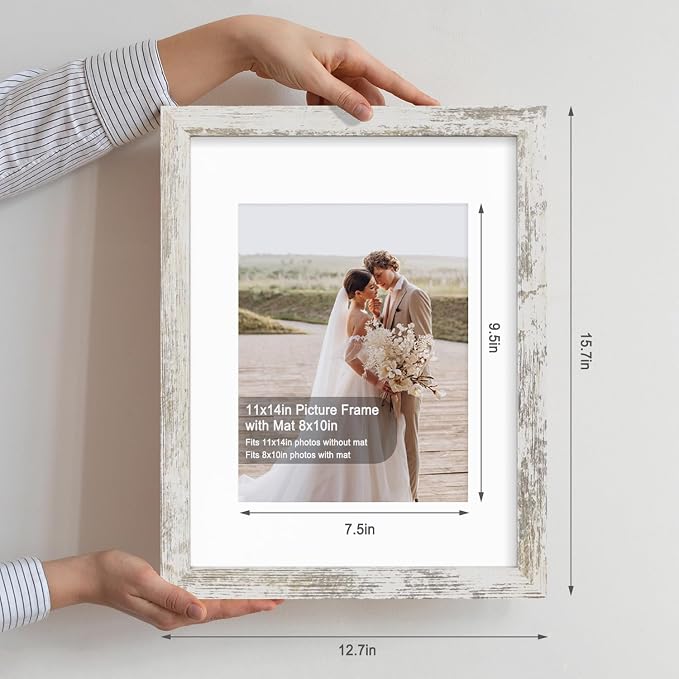 Hongkee 11x14 Picture Frame Set of 4, Made of Glass and Multicolour Wooden Frame, Display 8x10 Pictures with Mat or 11 x 14 Posters without Mat for Wall Mounting, Gallery Photo Frames