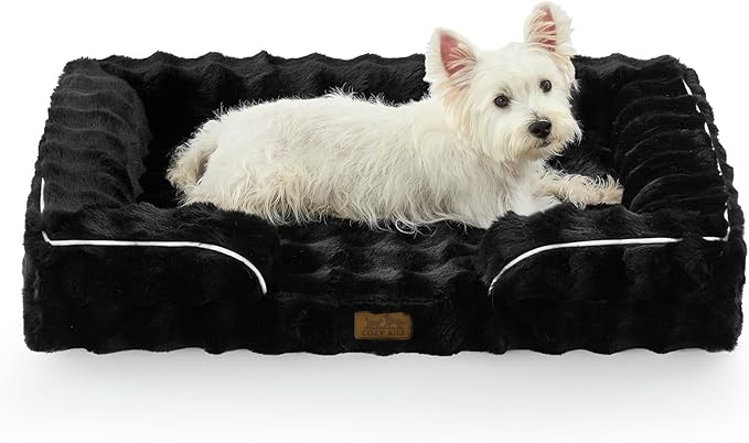 COZY KISS Faux Fur Orthopedic Dog Bed Washable for Large Dogs, L Sized | Soft Warm Pet Sofa with Sides or Bolster, Non-Slip and Big Dog Couch with Removable Waterproof Cover, 36x27 inch, Black