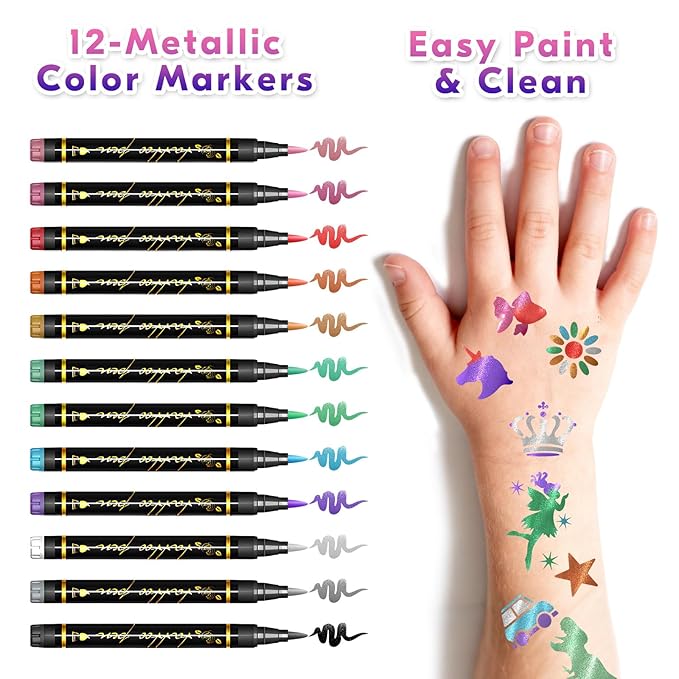 Temporary Tattoo Markers for Skin, 12 Metallic Body Markers + 183PCS Tattoo Stencils for Kids Adults Women Men Body Face Painting Marker Set, Cosmetic Tattoos Pens for School Show Party Christmas Gift