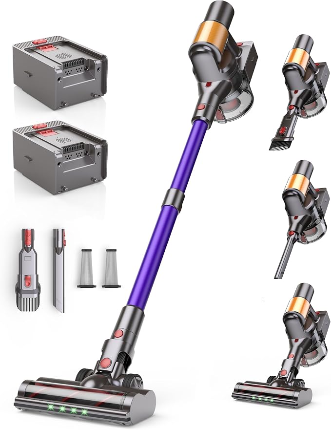 Cordless Stick Vacuum Cleaner, 2 Batteries 120 Mins for Home, Pet Hair | 600W 50KPA Powerful, Self-Standing, Tangle-Free Brush, LED Display, Vacuum Cleaner for Hardwood Floor, Carpet