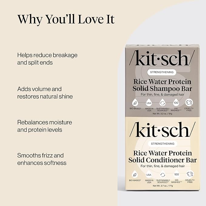 Kitsch Rice Water Protein Solid Shampoo and Conditioner Set for Hair Growth – Strengthening Hair Care Duo w/Rice Protein & Vitamins for Damage Repair – Paraben, Sulfate & Silicone Free, Made in USA