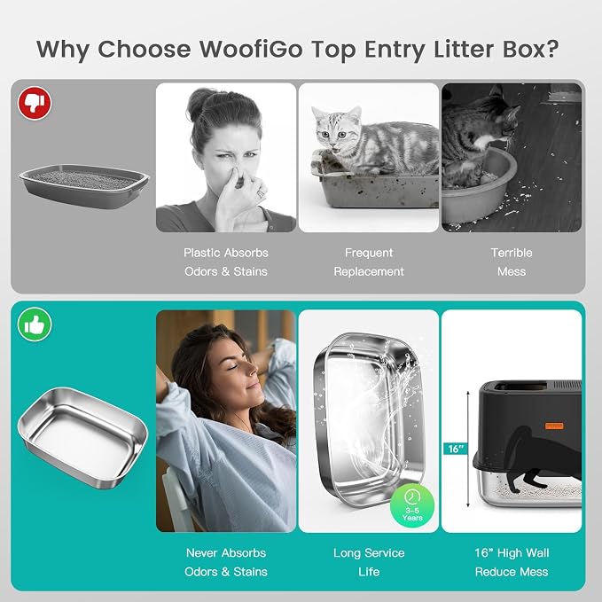XL Stainless Steel Cat Litter Box with Lid, Top Entry, Mat & Scoop Included | XL for Big Cats, High Sides Enclosed Design, Anti-Urine Leakage, Non-Stick Odor-Free, Easy Clean, Reduce Litter Tracking