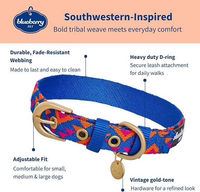 Blueberry Pet Southwestern Tribal Triangles Navy Blue Adjustable Dog Collar with Metal Buckle, Neck 13-16.5", for Medium Breed