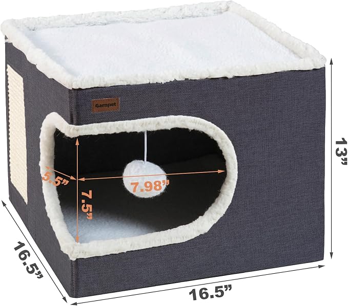 Garnpet Cat Bed for Indoor Cats Cube House, Covered Cat Cave Beds & Furniture with Scratch Pad and Hideaway Tent, Cute Modern Cat Condo for Multi Small Pet Large Kitten Kitty, Dark Grey