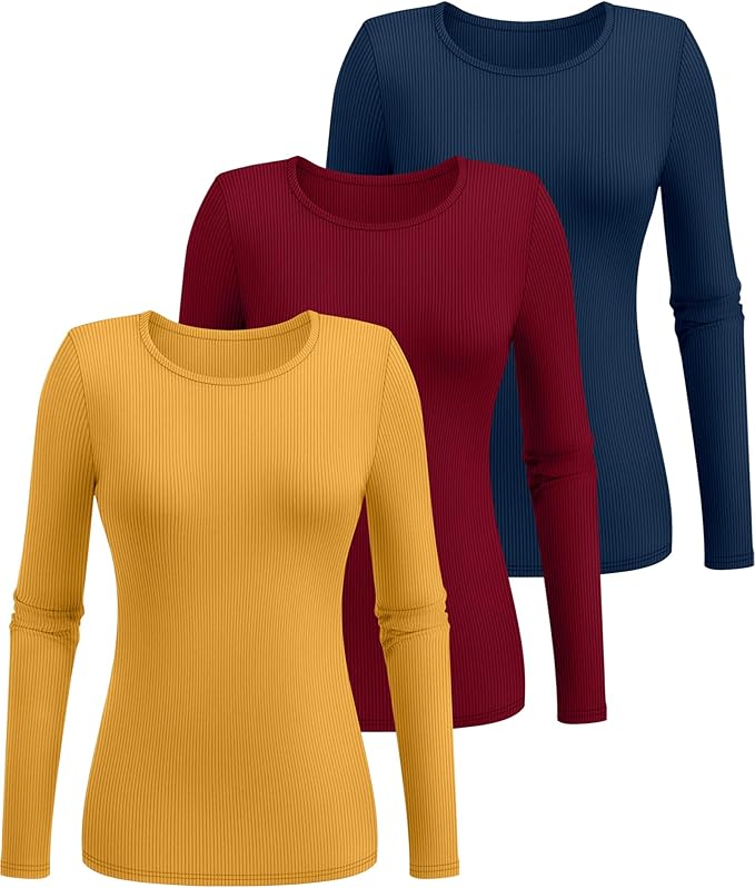 Ficerd 3 Pack Women's Ribbed Long Sleeve Tops, Crew Neck Slim Fit Undershirts Knit Basic Casual Stretch Layering Tee Shirts