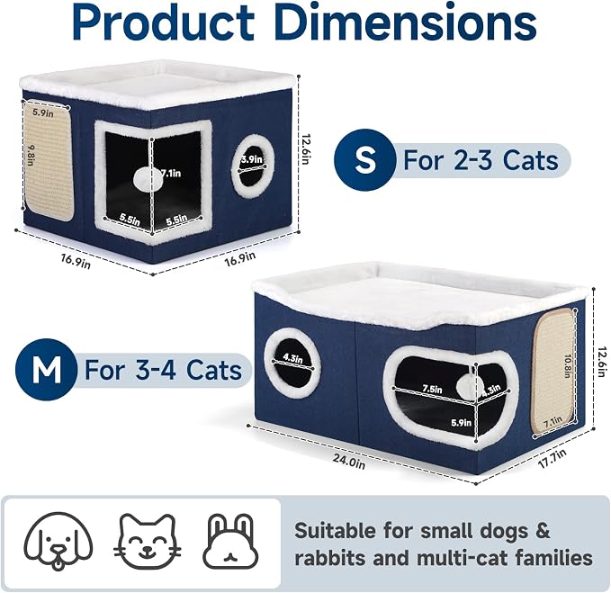Shikha Extra Large Cat House Bed for Multi Cats with Scratch Pad Blue | 24 x 17.7 x 12.6 IN Widen Cat Cave Cube for Multi Pets, Foldable, Arc-Edge Design, Oval Door, All Seasons Reversible Cushion