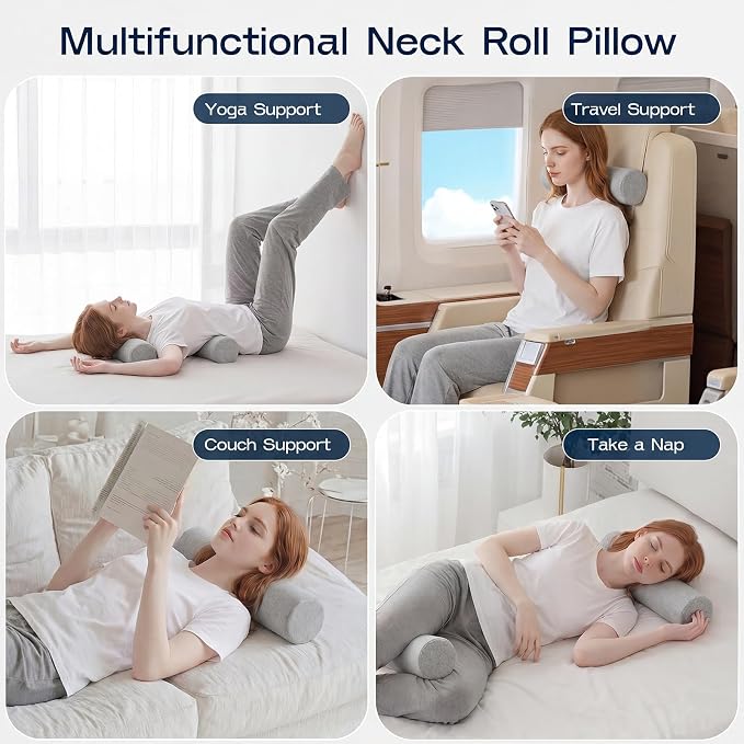 Neck Roll Cervical Pillow for Neck Pain Relief - Memory Foam Neck Pillow for Bed | Round Neck Pillows for Sleeping (Grey, Large - 6.0" H)