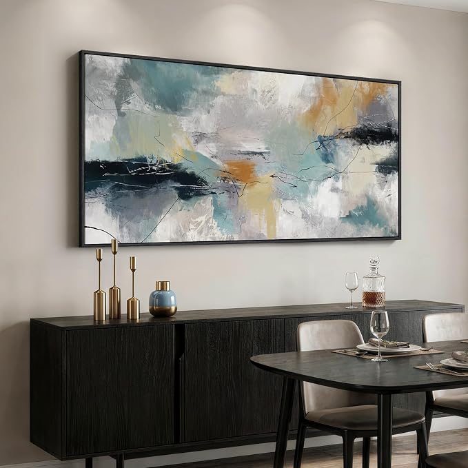 Extra Large Framed Abstract Wall Art for Living Room, Horizontal Grey Teal Canvas Prints Paintings Artwork for Walls, Modern Minimalist Pictures Wall Decor for Bedroom Dining Room Office, 30x60 In