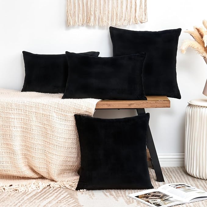 Throw Pillow Covers Decorative Velvet Set of 2 24x24 Inch Pillow Covers, Soft Black Large Pillowcases for Couch Sofa Bed Living Room, Farmhouse Home Boho Decor, Square Accent Cushion Covers