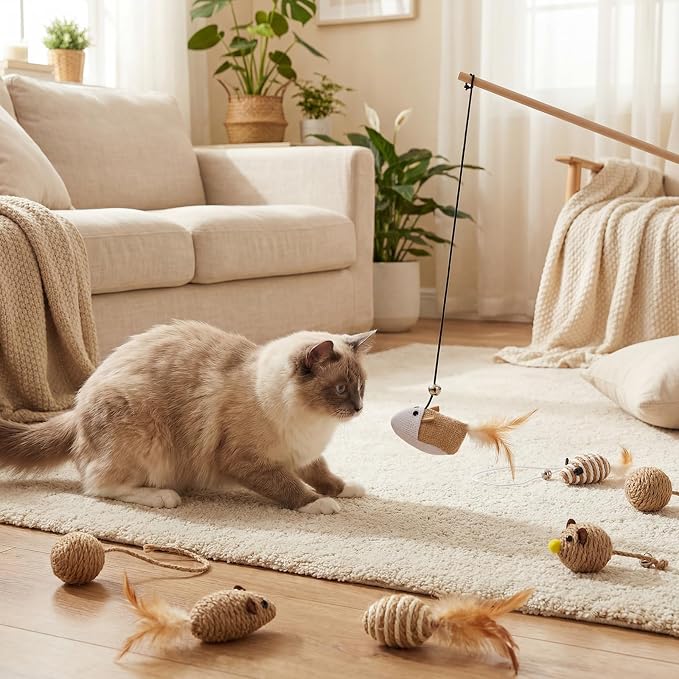 Leitee 20 Pcs Interactive Cat Toys for for Indoor Cats Set, Wooden Cat Wand Toywith Bells Feather Handle Chew Rope Mouse Sisal Balls Kitty Toys for Play Chase Exercise (Brown)
