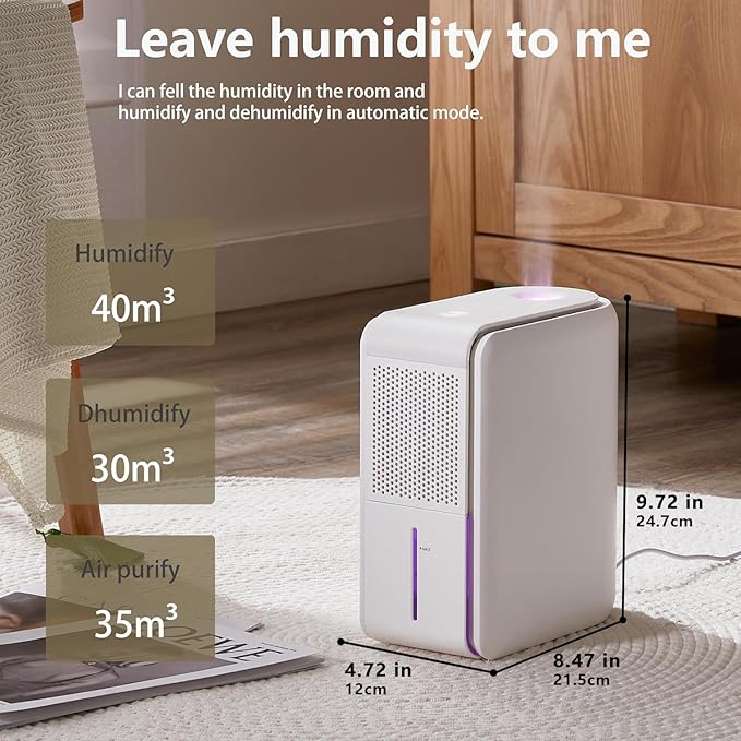 3 in 1 Dehumidifier, Humidifier & Air Filtration & aroma diffuser combo - 39Oz, Auto Humidity Control,Quiet, 27db，multifuctional colorful mist,for Bedroom/bathroom/home/basement/RV(350 sq.ft)