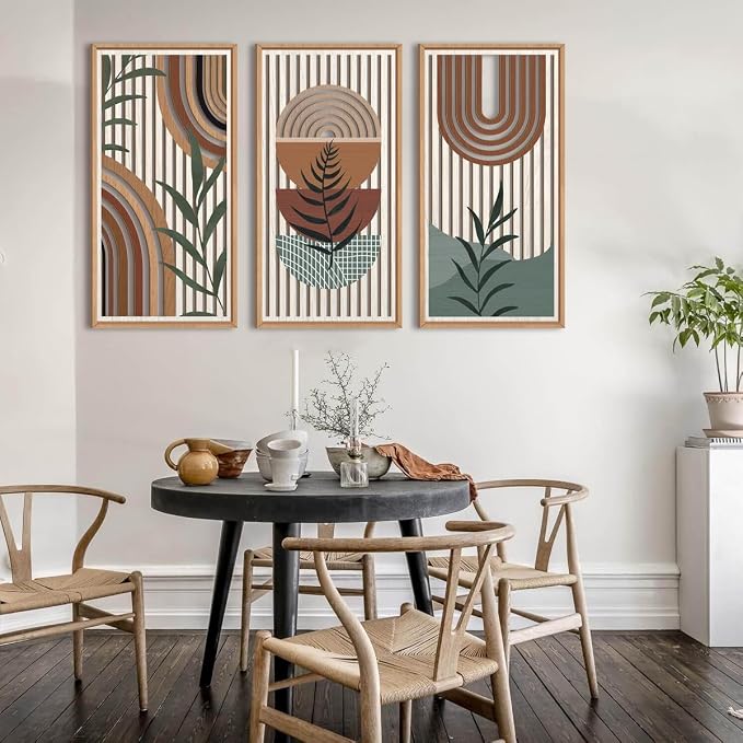 IARTTOP Framed Boho Mid-Century Modern Wood Wall Art 16x32 Inch Large Bohemian Abstract Geometric Wooden Wall Decor Minimalist Brown Green Plant Decor for Bedroom Living Room Dining Room Set of 3