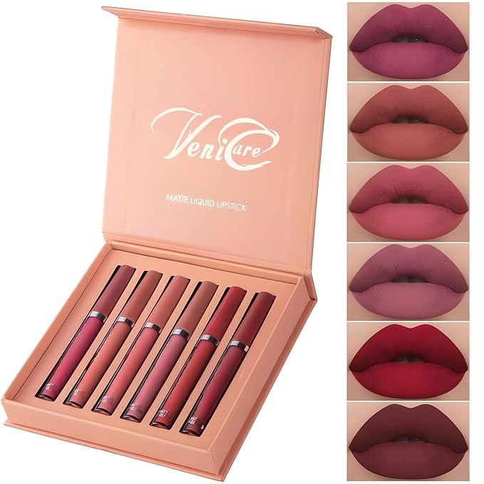 VeniCare 6Pcs Matte Liquid Lipstick Makeup Set, Matte liquid Long-Lasting Wear Non-Stick Cup Not Fade Waterproof Lip Gloss (Set A)