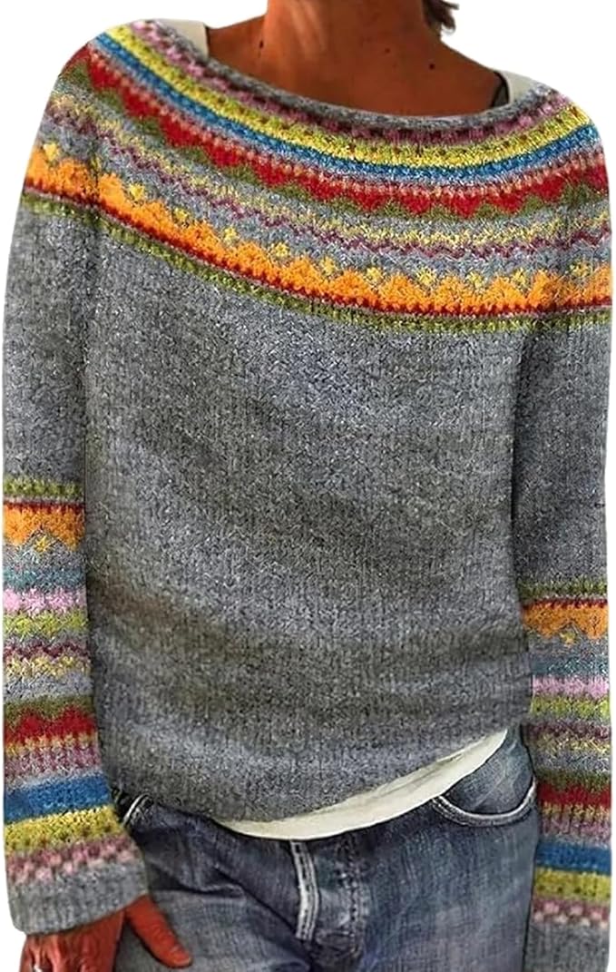 Zhyaj Fair Isle Sweater for Womens Winter Long Sleeve Vintage Knitted Sweater Casual Fall Crew Neck Pullover Sweaters