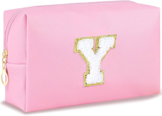 URSKYTOUS Initial Makeup Bag Personalized Preppy Travel Small Cosmetic Bag Cute PU Pink Chenille Letter Makeup Pouch for Purse Waterproof Zippered Toiletry Organizer for Women Girls Kids Friends (Y)