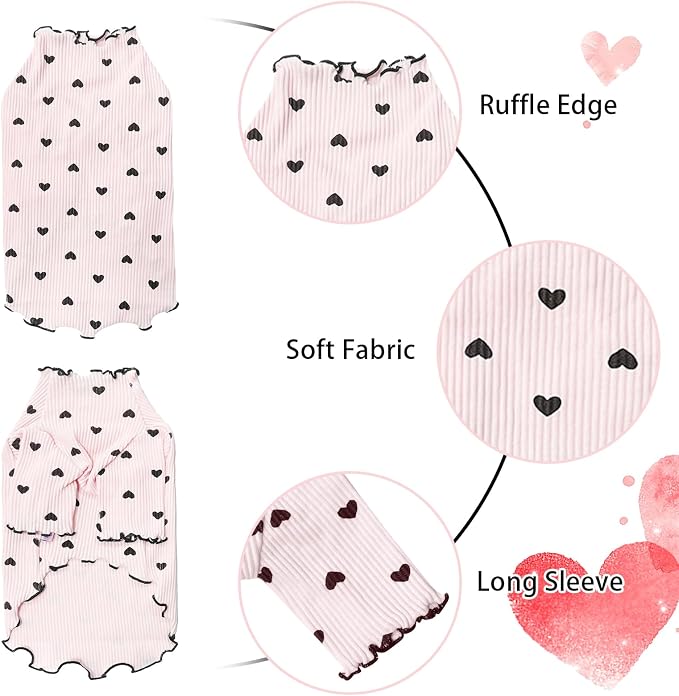 Pet Clothes for Small Dogs Cat Summer Fall Heart Print Shirt Stretchable Ruffle Long Sleeve Outfits for Chihuahua Schnauzer Shih Tzu Yorkie (Pink, X-Large)