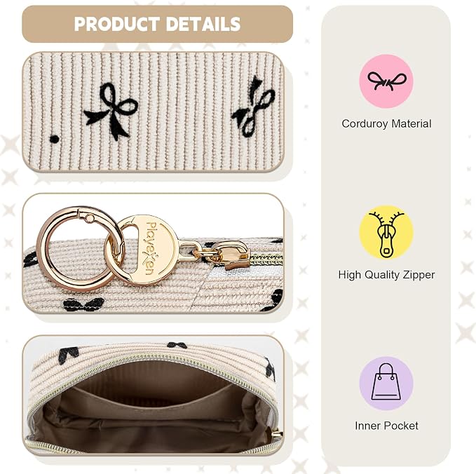 Cute Period Bag for Teen Girls, Corduroy Sanitary Napkin Storage Bag, Menstrual Pad Pouch Tampon Holder for Purse (Black Bow Tie)