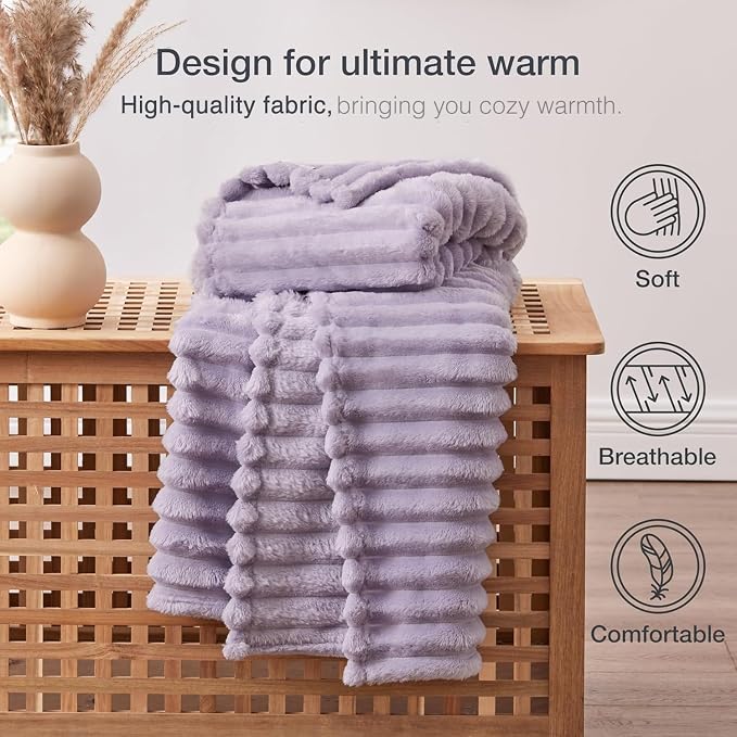 EXQ Home Fleece Blanket Queen Size for Couch or Bed - 3D Stripe Jacquard Decorative Blankets - Cozy Soft Lightweight Fuzzy Flannel Blanket Suitable for All Seasons(90"×90",Light Purple)