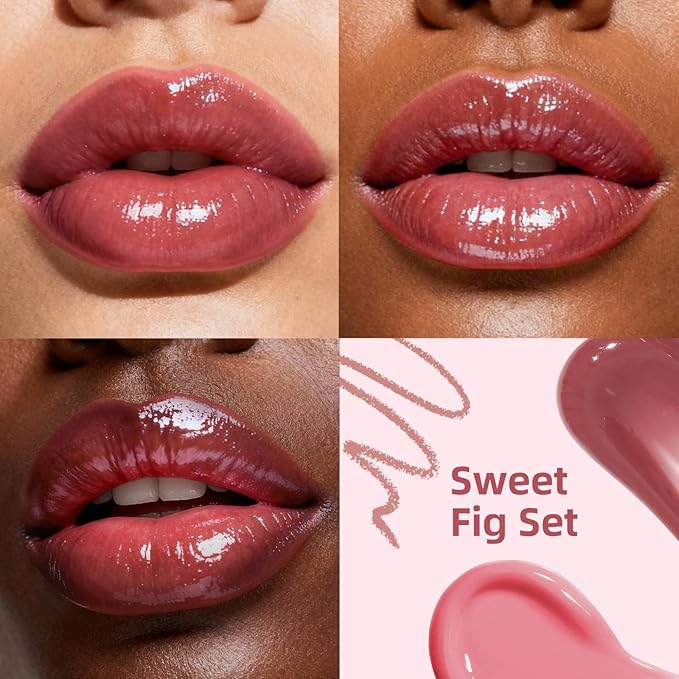 3PCS Lip Combo Set - Matte Lip Liner Pencil + Hydrating Tinted Lip Balm + Juicy Lip Gloss Tint, Non-Sticky, Long-Lasting, High Pigment Lip Makeup Kit (Sweet Fig Set)