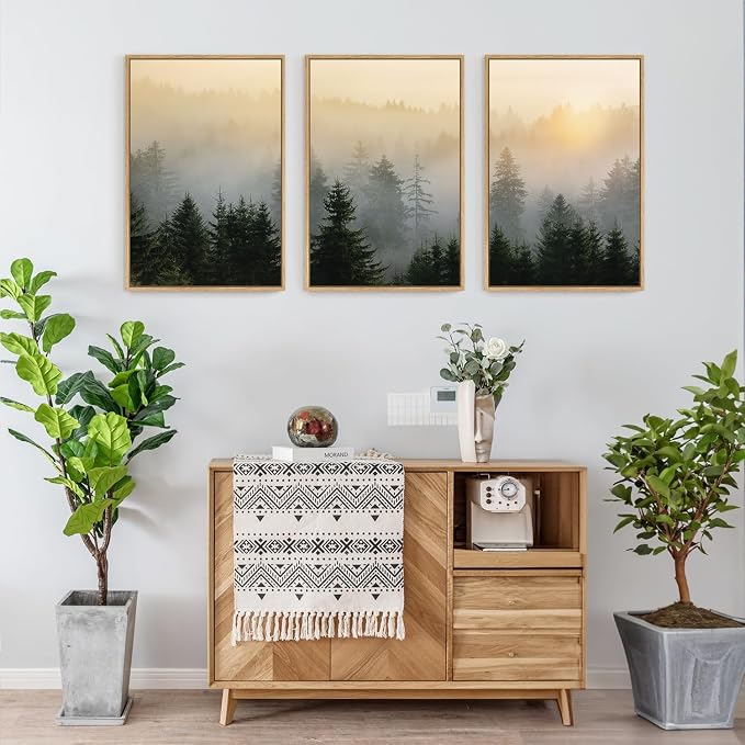 FWIEXA Misty Forest Wall Art Canvas Set, Framed Mountain Wall Decor, 3 Piece Nature Wall Painting, Foggy Pine Tree Landscape Artwork, 16x24 Inches Green Pictures for Living Room, Bedroom, Office, Gift