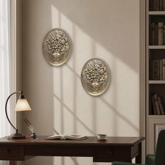 Newinhome Vintage Flower Wall Sculpture, Antique Wall Decor, Hand Painted Wall Decorations with Embossed Flower Design, Antique Pediment, Gold Decor for Living Room Bedroom Hallway, Unique Gifts