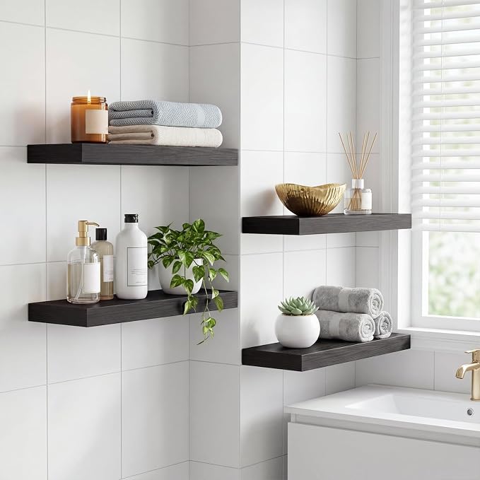Fixwal Floating Shelves for Wall Decor (Black, Set of 4, 15.7 Inch) | MDF Shelves with Metal Brackets, Space Saving for Books, Decor, Works in Bathroom, Kitchen, Living Room, Bedroom