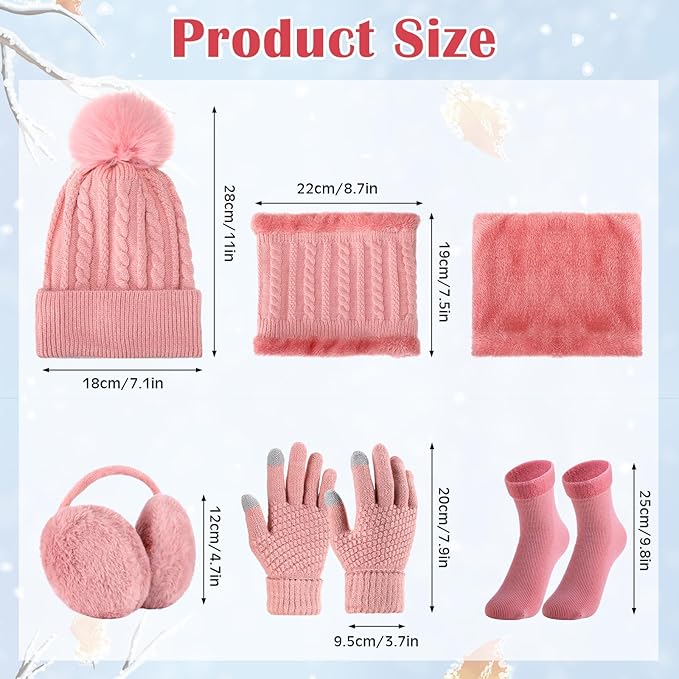 SATINIOR 5 Pcs Winter Hat Scarf Gloves Set Fleece Lined Knit Beanie Hat Warm Touch Screen Gloves Earmuff Warmer for Women(Pink,Beauty Style)