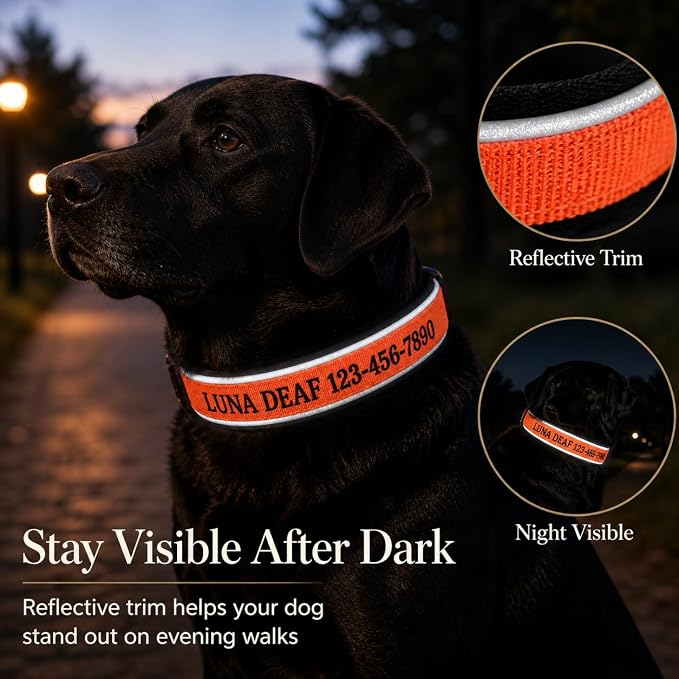 Custom Embroidered Dog Collar with Name and Phone Number, Personalized Safety Alert Collar for Deaf, Microchipped, Senior & Rescue Dogs, Reflective Nylon Collar with Metal Buckle