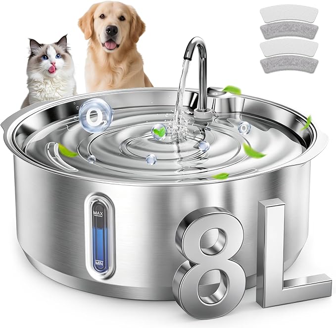 Invengo 8L/270oz Quiet Stainless Steel Dog Water Fountain, 2 Filters | 50% Thicker 6mm Steel, Dual Filters, 6-Layer Deep Purification, Under 25dB Whisper-Quiet Operation, 2 Flow Modes