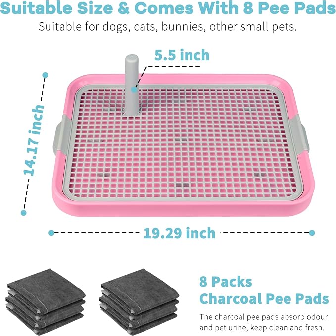 CUHIOY Dog Potty Tray Toilet 20"x14", Indoor Pee Pad Holder, Pink | With 8pcs Training Pads, Puppy Pee Mesh Potty Pan, Secure Latch Doggy Bathroom Litter Box for Small Medium Puppies