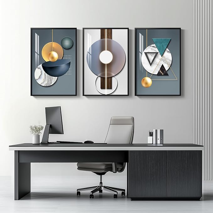 Large Framed Modern Luxury Wall Art for Living Room, 3 Piece Abstract Blue Green Paintings Wall Decor, Bright Style Geometry Prints Artwork with Black Frame for Office 24x36 Inch