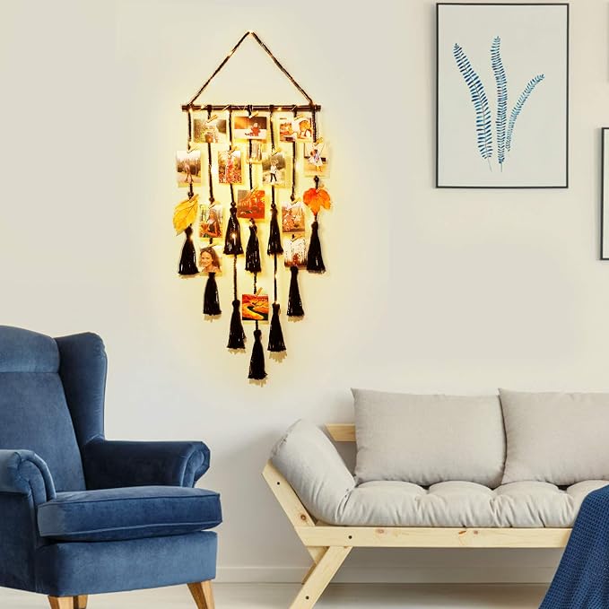 Hanging Photo Display Wall Decor, Black Macrame Hanging Boho Room Decor, Picture Frame Collage with Remote Light 30 Clips, Bedroom Apartment Home Decor, Christmas Mom Grandma Teen Girl Gifts