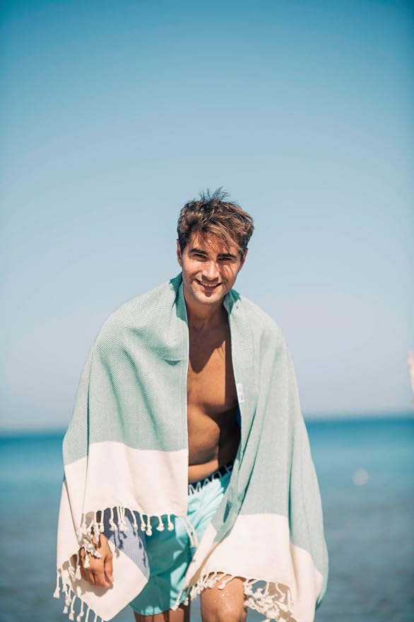 Bazaar Anatolia Turkish Beach Towel 100% Cotton Bath Towels 71x39 Quick Dry Sand Free Lightweight Large Oversized Herringbone Mint