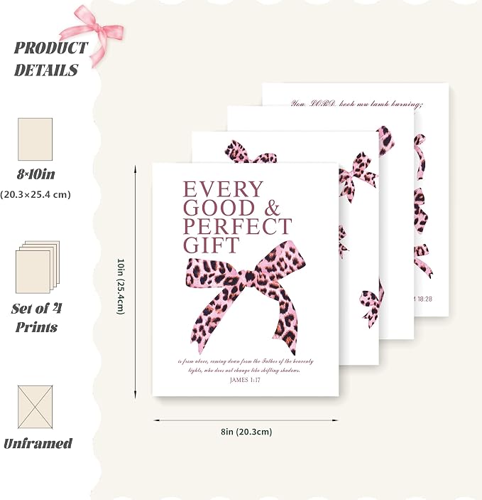 LARTSFRO Coquette Pink Leopard Bow Wall Art Decor Posters, Y2K Cheetah Leopard Bow Room Bedroom Bathroom Dorm Wall Art Decor Aesthetic for College Teen Girls Gifts, Inspirational Bible Verses Bow Wall Decor, 10x8 Inch Set of 4 Pcs Cheetah Bow Pictures ...