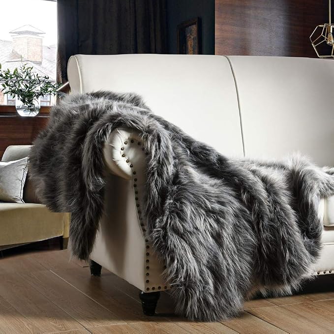 Luxury Faux Fur Throw Blanket, Grey and Black High Pile Mixed Throw Blanket, Super Warm, Fuzzy, Elegant, Fluffy Decoration Blanket Scarf for Sofa, Couch and Bed, 60''x 80''