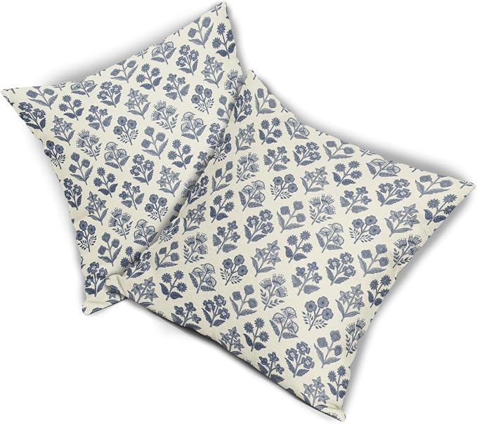 Dark Blue Floral Pillow Covers 24x24 Inch Set of 2, Vintage Flower Block Print Pattern Decorative Throw Pillowcases Outdoor Farmhouse Cushion Covers Spring Summer Rustic Sofa Couch Bed Decor