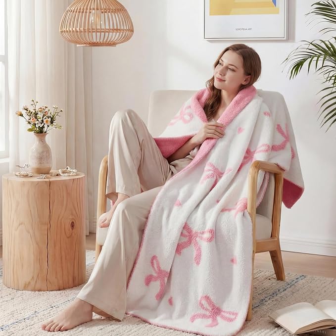 Soft Throw Blanket for Couch-Cozy Reversible Knitted Blankets | Lightweight Warm Fluffy Decor for Women, Mom, Her & Girls, Sofa, Chair, Bed, 50x60in,Bubble Bowknot Pink