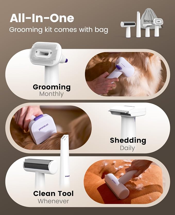 oneisall Dog Hair Vacuum Shedding Grooming Brush Kits for Pet Thick Coats | 15000Pa,3 Suction Low Noise,1.5L Dust Cup,5 in 1 Kits(Grooming/Deshedding/Cleaning Brush,Remover Roller,Crevice Tool), LM5