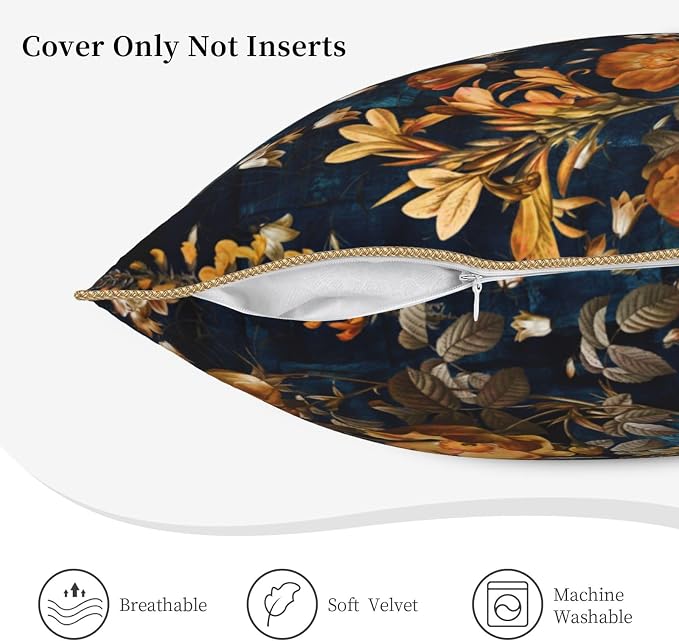 Vintage Floral Velvet Pillow Covers 20x20 Inch Blue Brown Leaf Flowers Throw Pillows for Couch Farmhouse Cushion Covers Pillowcase Butterfly Plant Leaves Pillow Cases for Sofa Bed Outdoor Decor