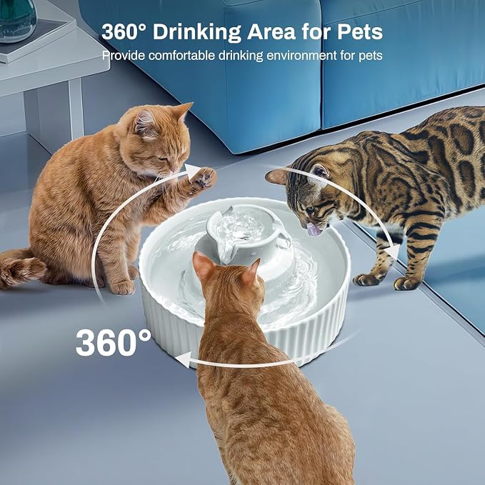 2.1L Ceramic Cat Water Fountain-for Cats and Dogs, 360 Ceramic Pet Fountain-70 Oz Large Water Capacity - Whisper-Quiet Water Flow-Great for Shy or Timid Pets - Fresh, Filtered Water（White）